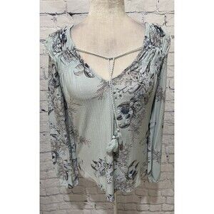 Lucky brand blue floral long sleeve tie neck long sleeve top blouse Small